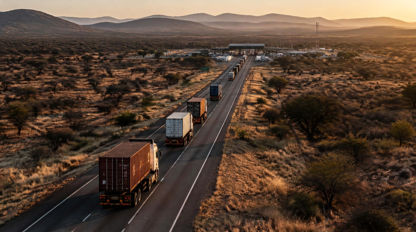 Container trucks travelling along the Zimbabwe corridor toward a border post